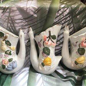 Set of three vintage, swan and fruit/gold trim wall pocket vases, white ceramic
